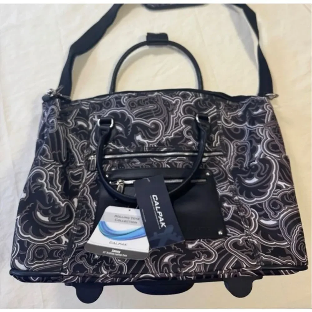 CALPAK Zanny Carry On Friendly Black Purple White Rolling Bag 3 Way Laptop Pouch